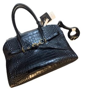 CLAUDIA FIRENZE ITALIAN CROC LIKE LEATHER SATCHEL CROSSBODY BAG BLACK GOLD NEW